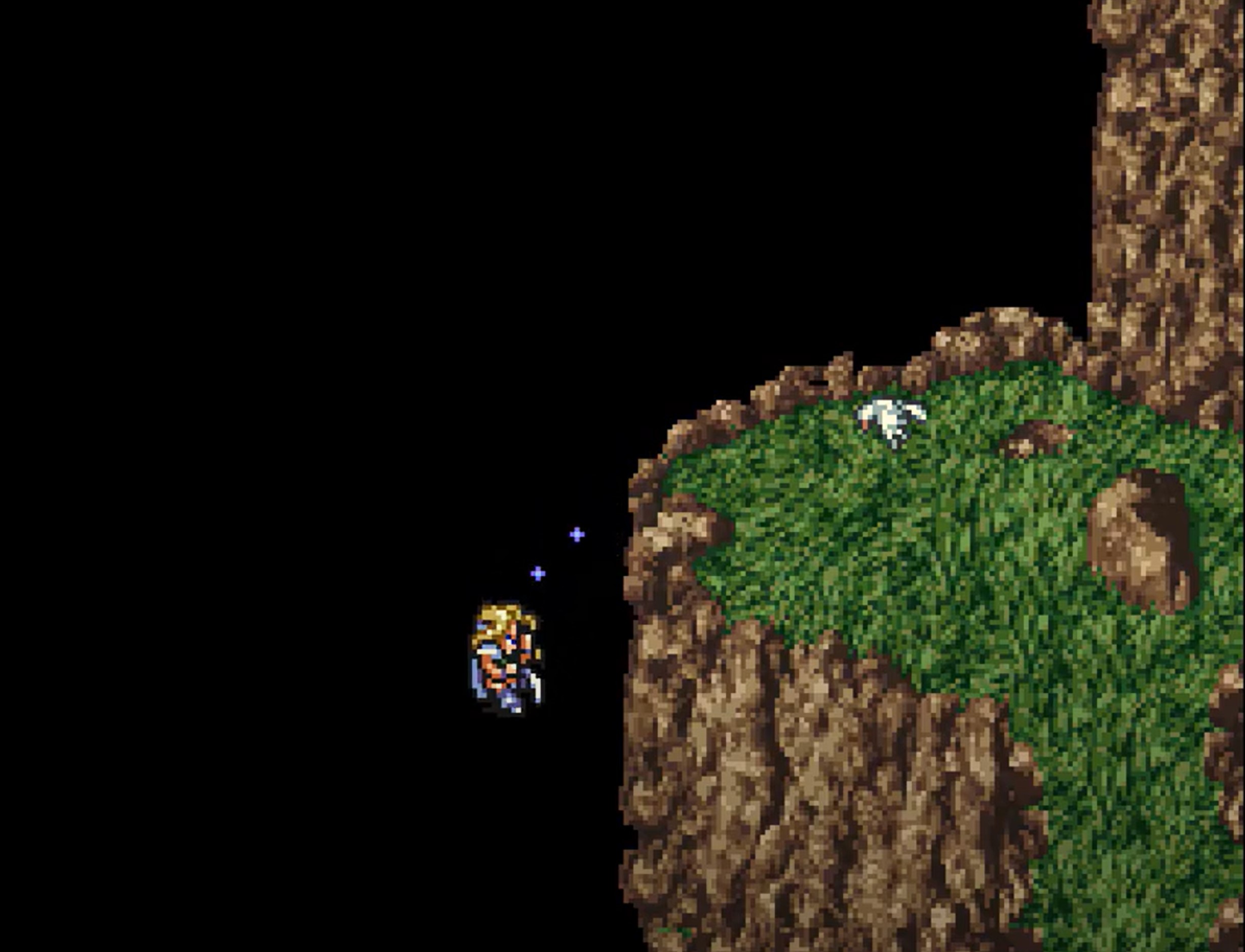 Celes throwing herself off a cliff. There are tears flowing from her face and a dead bird showing the death and decay of the world.